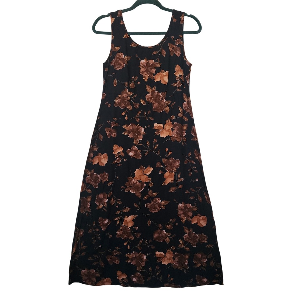 Vintage Cimmaron Dress Womens Black Brown Floral Sleeveless Maxi A-Line Made USA